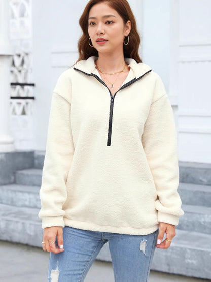 Women Plush Casual Top Half Zipper Pullover Long Sleeve Sweatshirt Sweatshirt