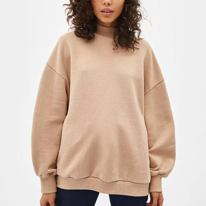 Autumn Winter Simple Loose Casual Half Turtleneck Fleece lined Solid Color Sweatshirt Sweatshirt Women