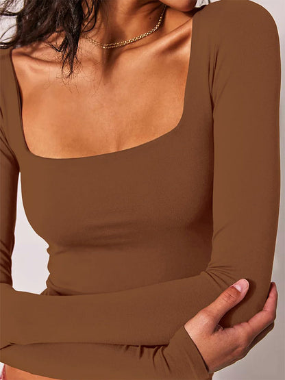 Solid Square Neck Cropped Long Sleeve Tee