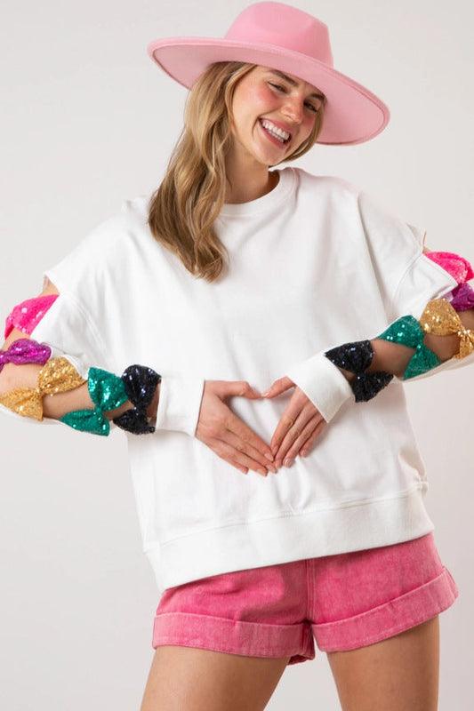 Summer Bow All Match Sequ Top Long Sleeve Sweatshirt for Women