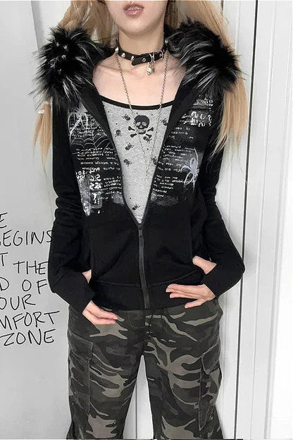 Y2K Faux Fur Collar Rhinestone Zip-Up Hoodie