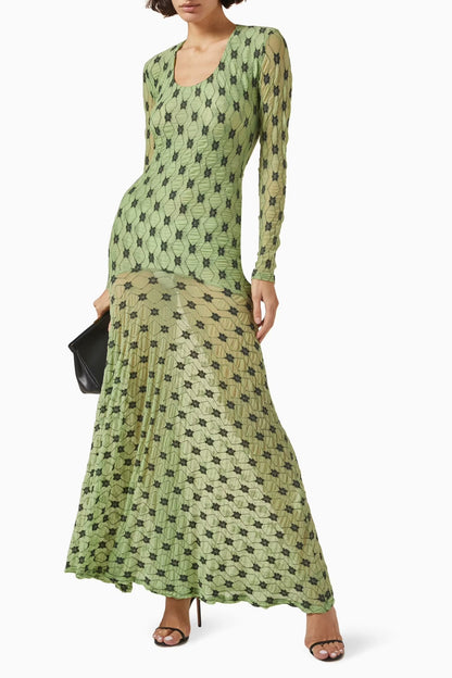 Women Clothing Long Sleeve Mesh round Neck Dress