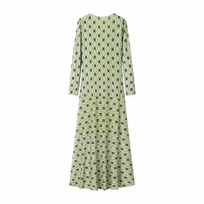 Women Clothing Long Sleeve Mesh round Neck Dress