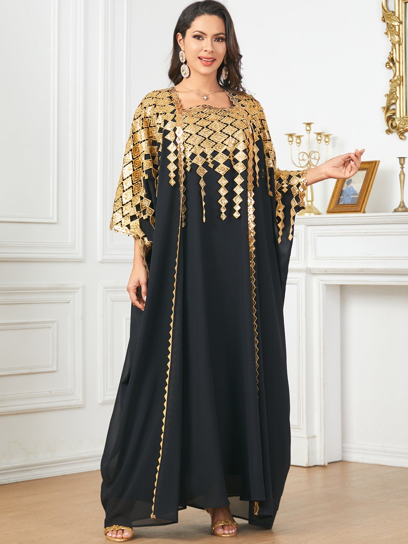 Middle East Metallic Color Muslim Robe Loose Two-Piece Suit Dress