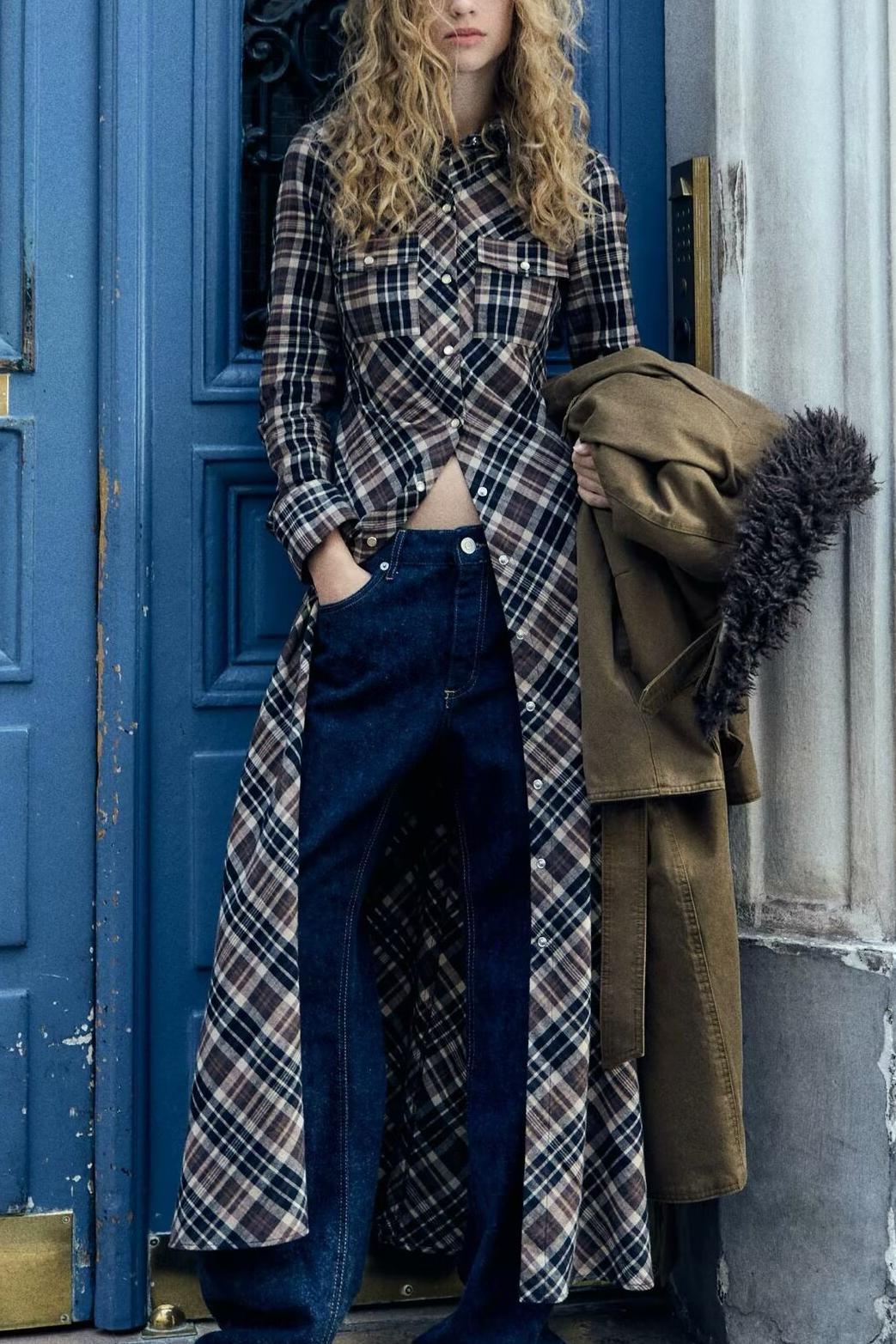Autumn Plaid Pocket Decorative Shirt Dress
