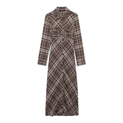 Autumn Plaid Pocket Decorative Shirt Dress