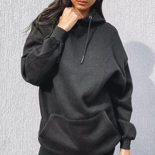 Winter Women Casual Drawstring Pocket Decoration Long Sleeve Hooded Fleece Lined Sweatshirt