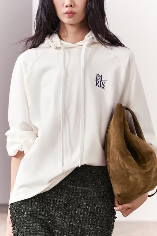 Women Clothing Spring Office All Matching Letter Graphic Embroidered Decorative Hooded Sweatshirt