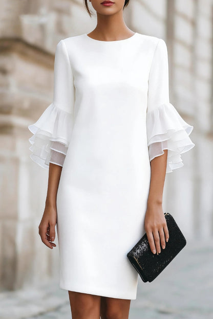 Solid Color Round Neck Ruffle Sleeve Elegant Mini Dress