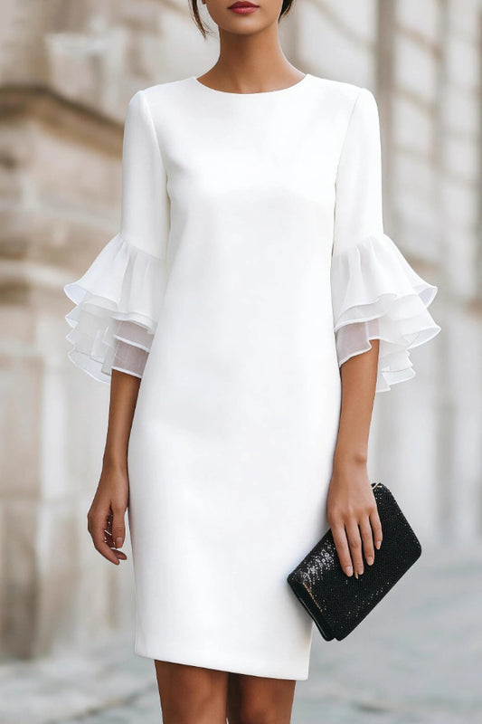 Solid Color Round Neck Ruffle Sleeve Elegant Mini Dress