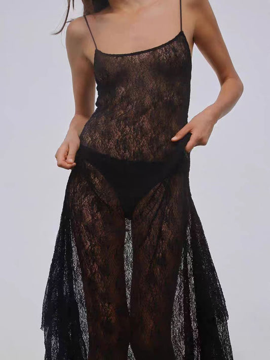 Sexy Lace See through Layered Thin Shoulder Strap Maxi Dress