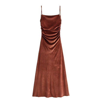 Fall Women Clothing Sling Pleated Midi Dress