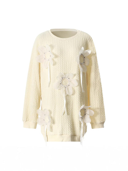 Mid Length Autumn Winter Solid Color Three Dimensional Floral Beaded Loose Outer Wear Sweatshirt