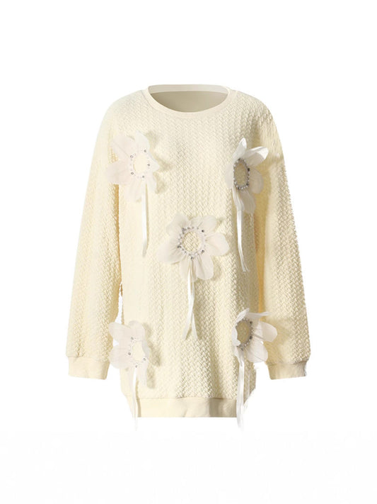 Mid Length Autumn Winter Solid Color Three Dimensional Floral Beaded Loose Outer Wear Sweatshirt