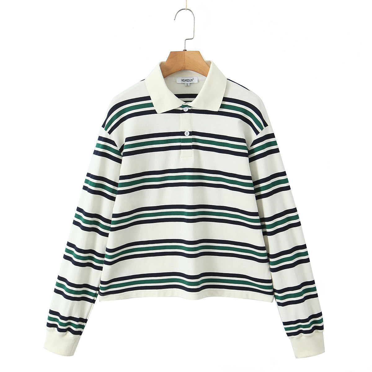 Autumn Women Clothing College Contrast Color Horizontal Striped Knitted Polo Shirt Long Sleeve T shirt for Women
