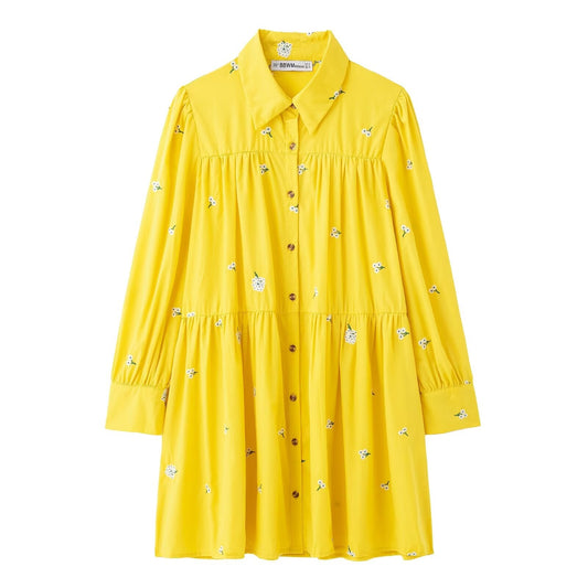 Winter Women Casual Polo Collar Long Sleeve Single Breasted Embroidered Shirt Dress