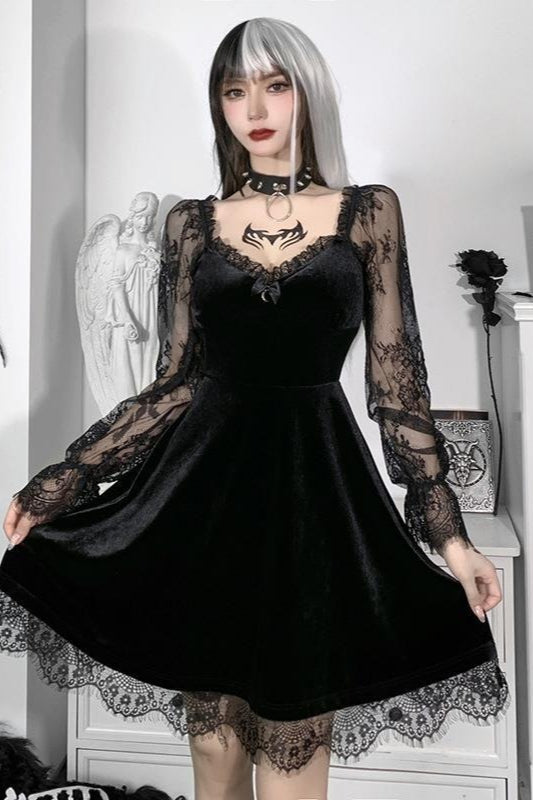 Lace Patchwork Long Sleeve Ruffled Mini Dress