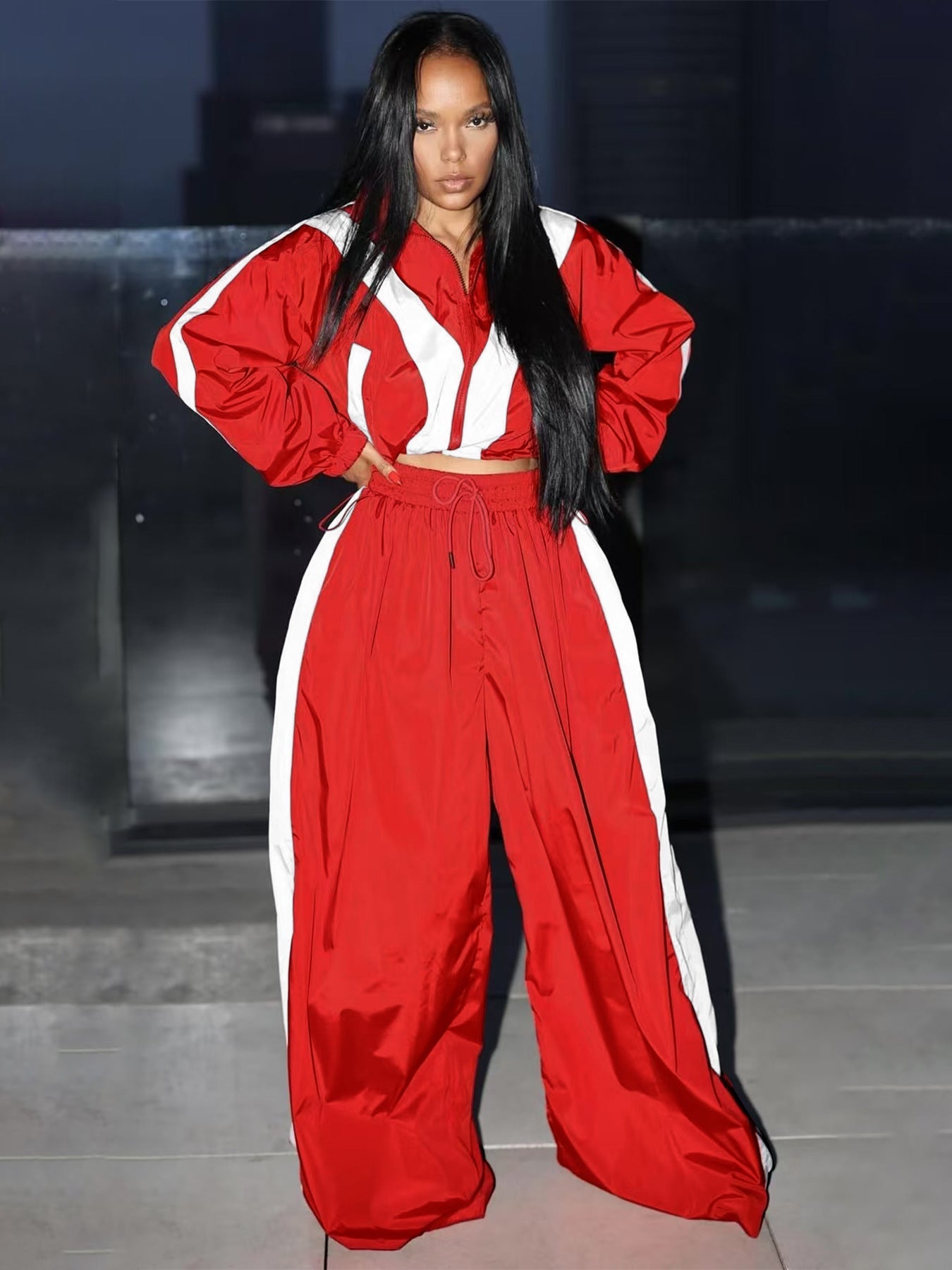 Women Zipper Waist Stitching Contrast Color Oversized Super Trendy Two Piece Suit