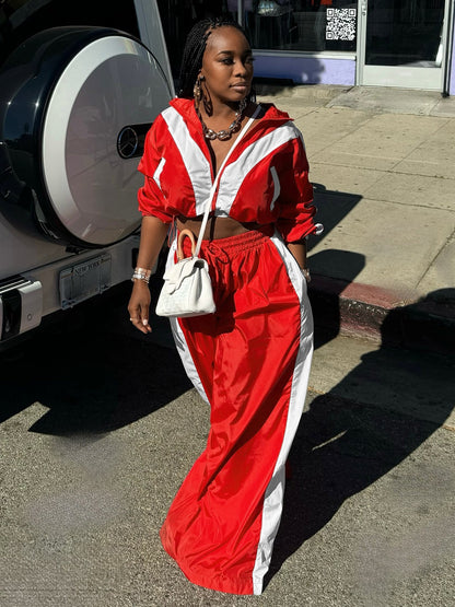 Women Zipper Waist Stitching Contrast Color Oversized Super Trendy Two Piece Suit