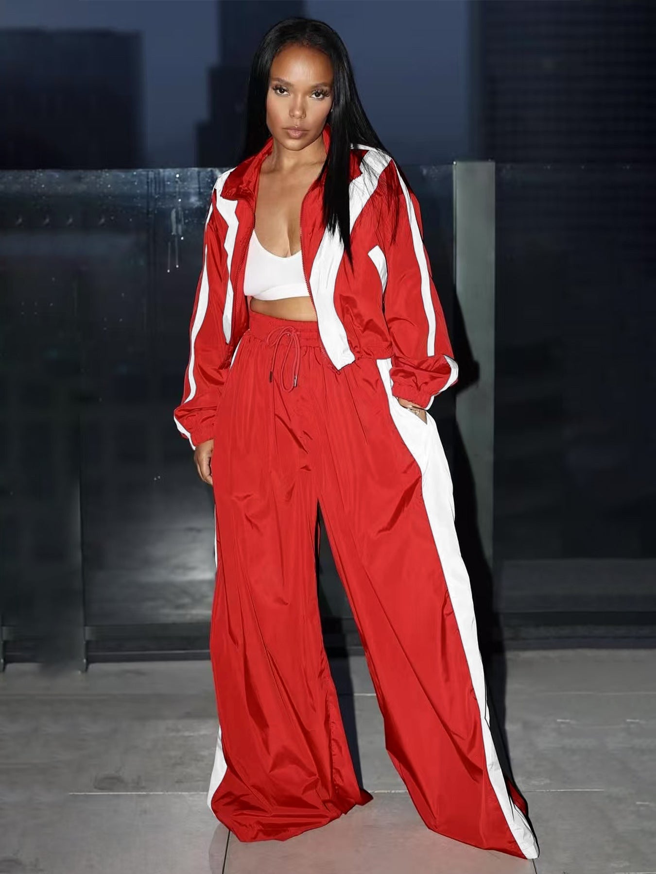 Women Zipper Waist Stitching Contrast Color Oversized Super Trendy Two Piece Suit