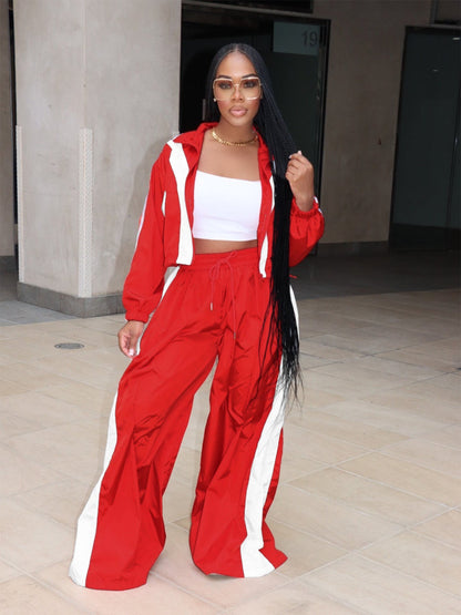 Women Zipper Waist Stitching Contrast Color Oversized Super Trendy Two Piece Suit