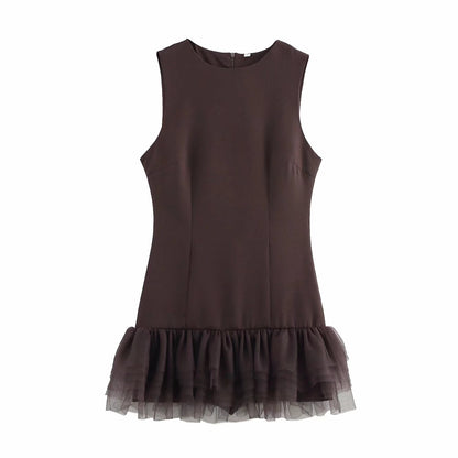 Women Winter Year Dress Silk Net Patchwork round Neck Sleeveless Slim Sexy Dress
