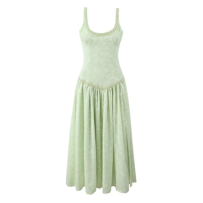 Design Pearl Decorative Jacquard Sexy Split Maxi Dress Women Seaside Vacation Sling Dress