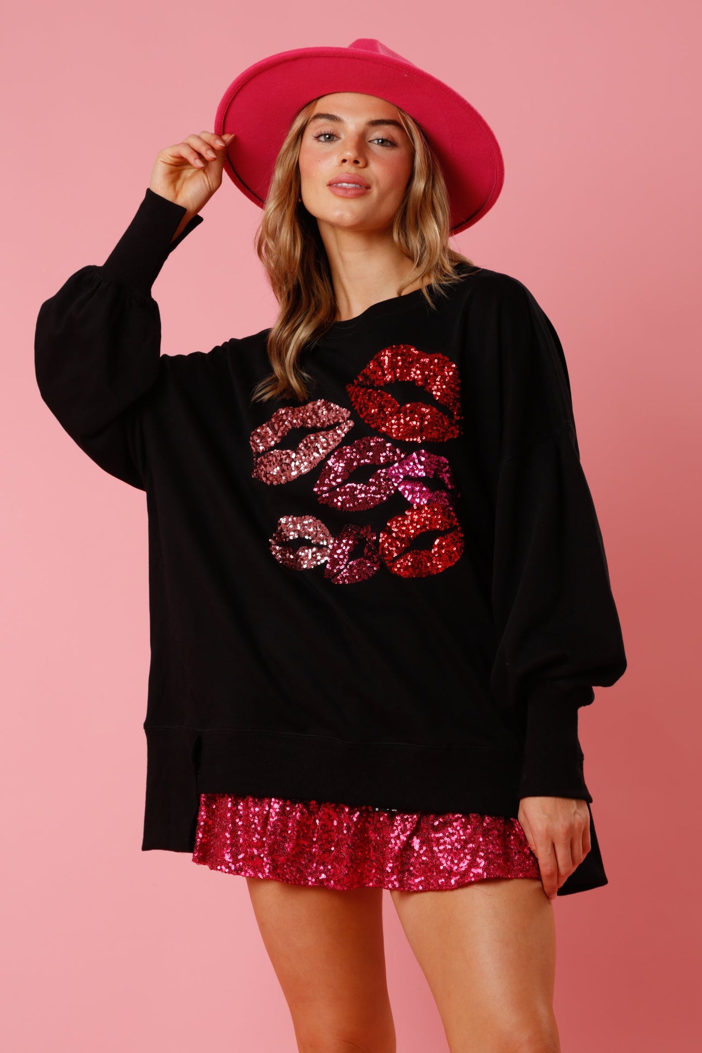 Autumn Winter Women Clothing Valentine Day Sequined Kiss Top Sweet Sweatshirt Women