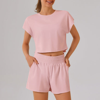 Solid Color round Neck Quick Dry Short Sleeved Top Faux Two Pieces Anti Exposure Shorts Loose Sports Yoga Fitness Set