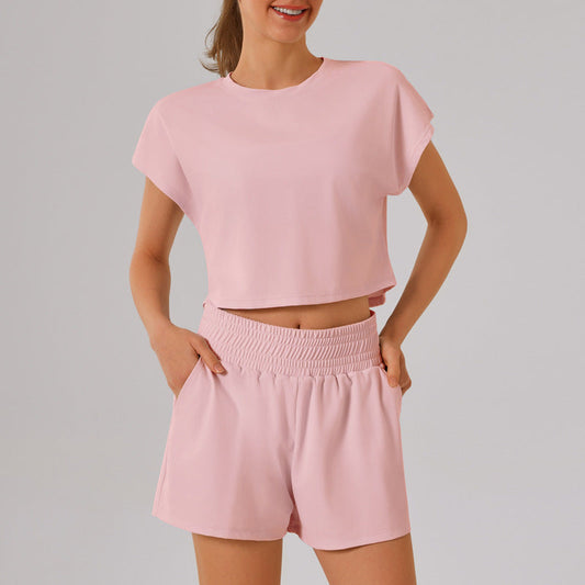 Solid Color round Neck Quick Dry Short Sleeved Top Faux Two Pieces Anti Exposure Shorts Loose Sports Yoga Fitness Set