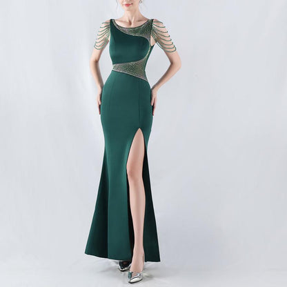 Dress Heavy Embroidery Drilling Give Sheer Mesh High Fork Satin Evening Dress Annual Meeting Wedding
