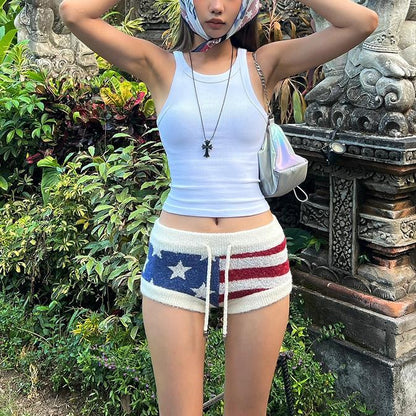 Street Sexy Low Waist Star Stripes Contrast Color Woolen Shorts Sexy Lace up Slim Fit All Match Retro Pants