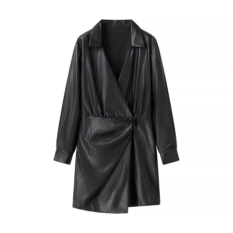Winter Women Clothing Simple V neck Long Sleeve Irregular Asymmetric Dress