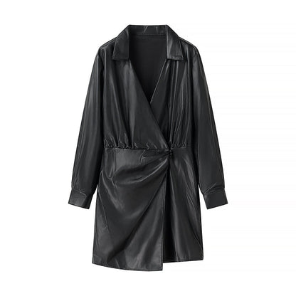 Winter Women Clothing Simple V neck Long Sleeve Irregular Asymmetric Dress