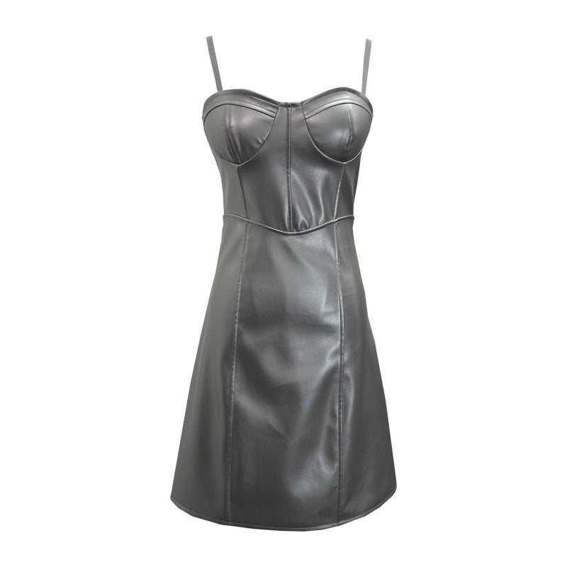 Real Shot Sexy Sling Sheath A line Faux Leather Waist Slimming Short Chest Pad Dress