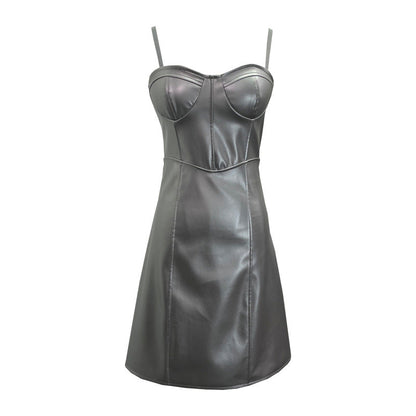 Real Shot Sexy Sling Sheath A line Faux Leather Waist Slimming Short Chest Pad Dress