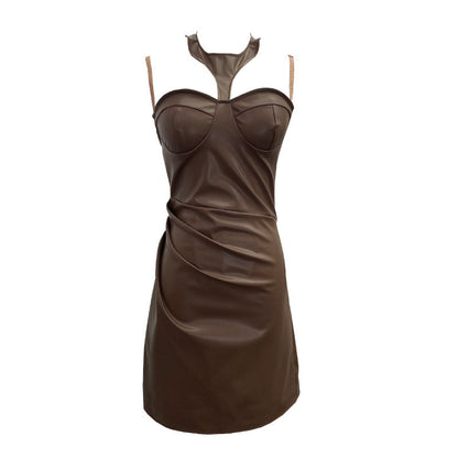 Chest Pad Halter Spaghetti Straps Dress Sexy Slim Fit Ruffle Hip Faux Leather Sexy