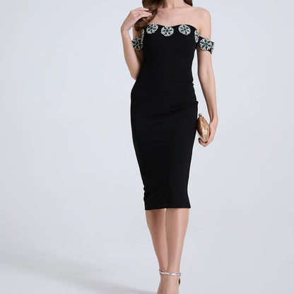 Women Nail Diamond One Line Shoulder Diamond Slim Slit Dress