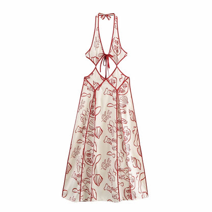 Spring Women Clothing Elegant Printed V neck Hollow Out Cutout out Tied Vacation Dress