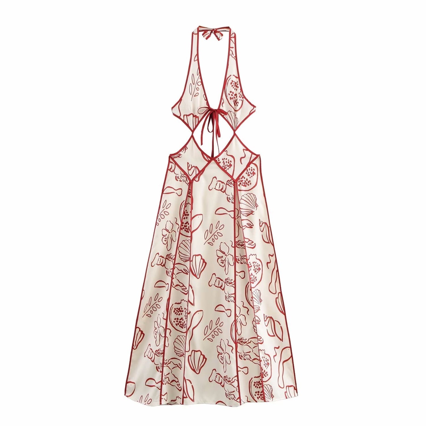 Spring Women Clothing Elegant Printed V neck Hollow Out Cutout out Tied Vacation Dress