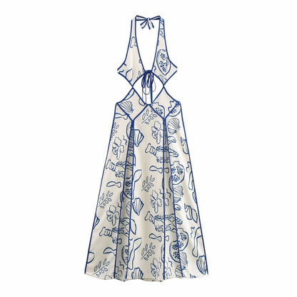 Spring Women Clothing Elegant Printed V neck Hollow Out Cutout out Tied Vacation Dress
