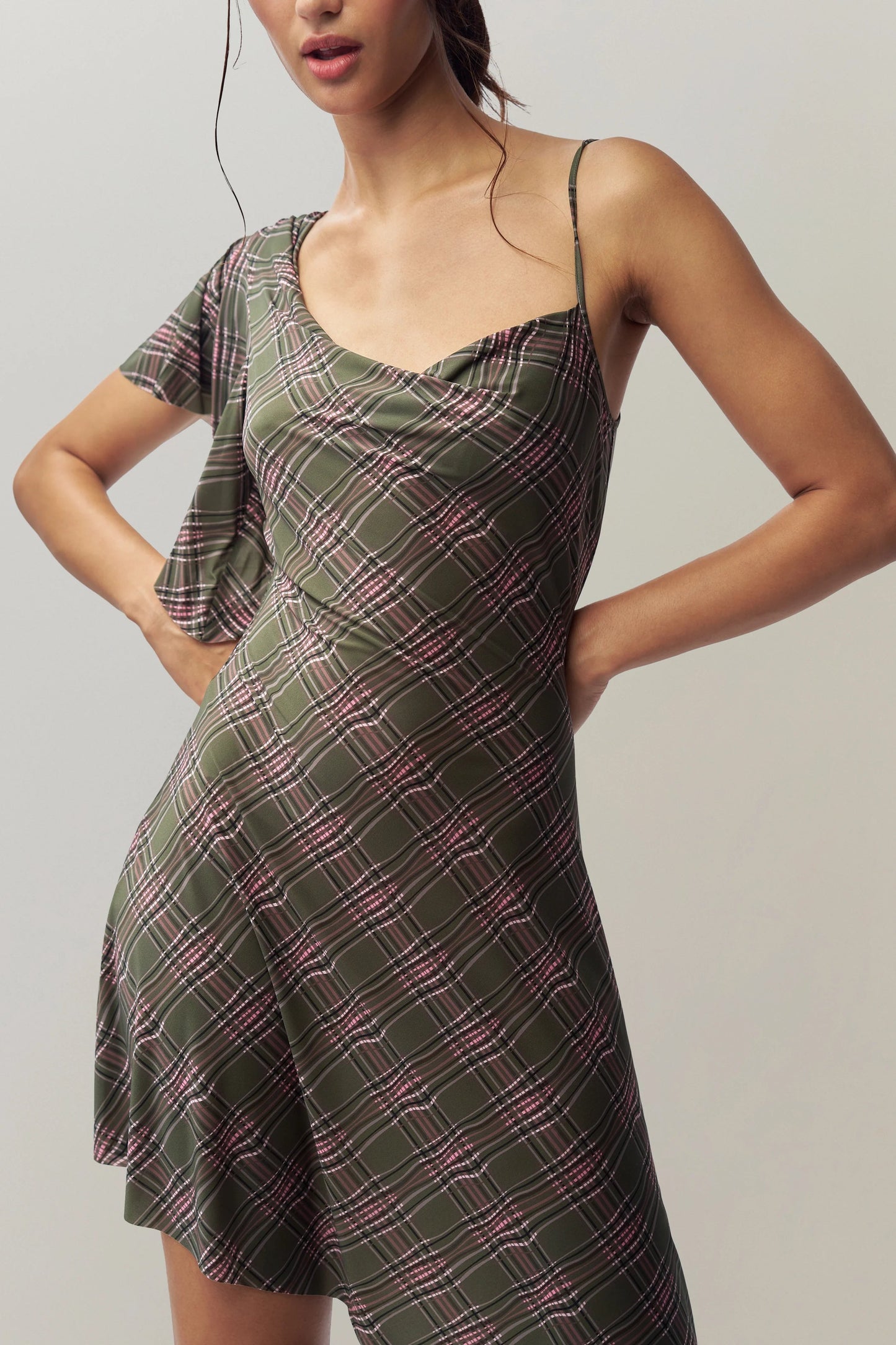 Early Spring Shoulder Diagonal Collar Retro Plaid High Elastic Irregular Asymmetric Design Dress