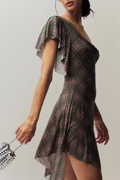 Early Spring Shoulder Diagonal Collar Retro Plaid High Elastic Irregular Asymmetric Design Dress