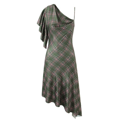 Early Spring Shoulder Diagonal Collar Retro Plaid High Elastic Irregular Asymmetric Design Dress