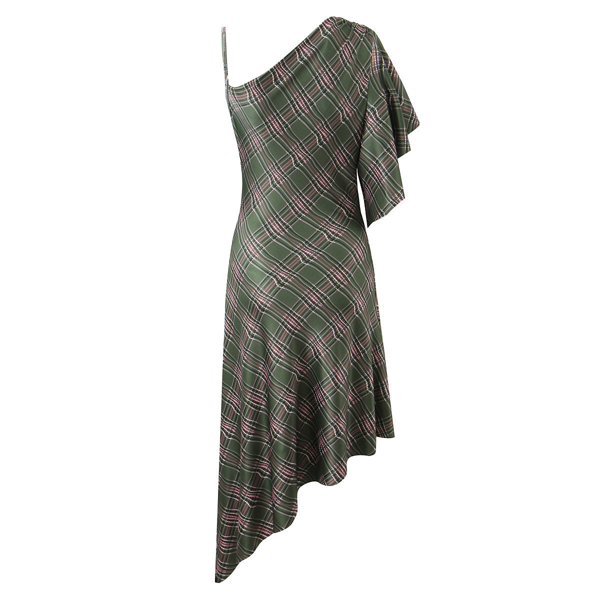 Early Spring Shoulder Diagonal Collar Retro Plaid High Elastic Irregular Asymmetric Design Dress