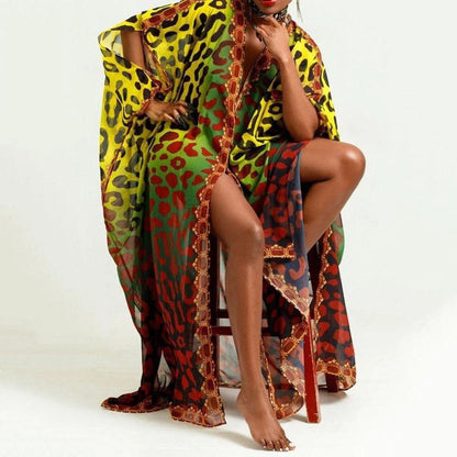 Spring New African Summer Chiffon Elegant Floor Length V neck Single Breasted Dress Plus Size