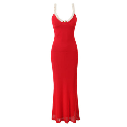 Floral Decorative Party Fishtail Dress Sexy Slim Stretch Mesh Camisole Maxi Dress