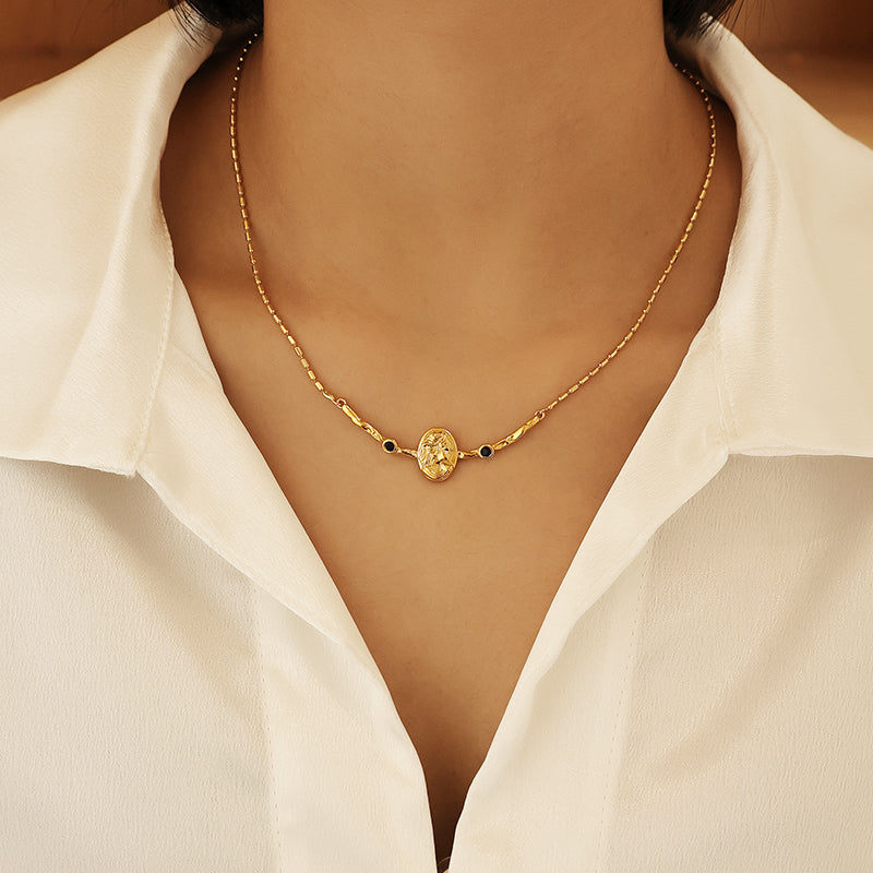 Vintage Portrait Embossed Black Zircon Necklace