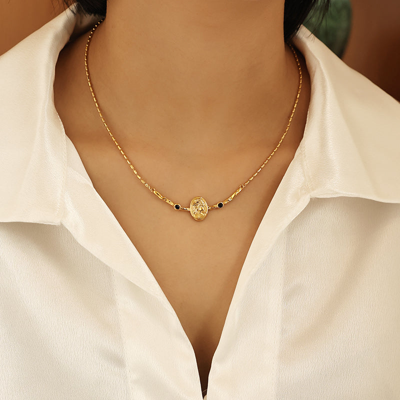 Vintage Portrait Embossed Black Zircon Necklace