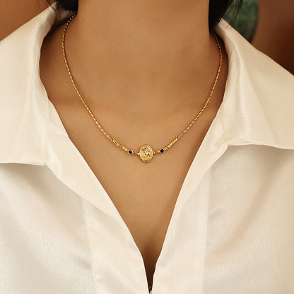 Vintage Portrait Embossed Black Zircon Necklace